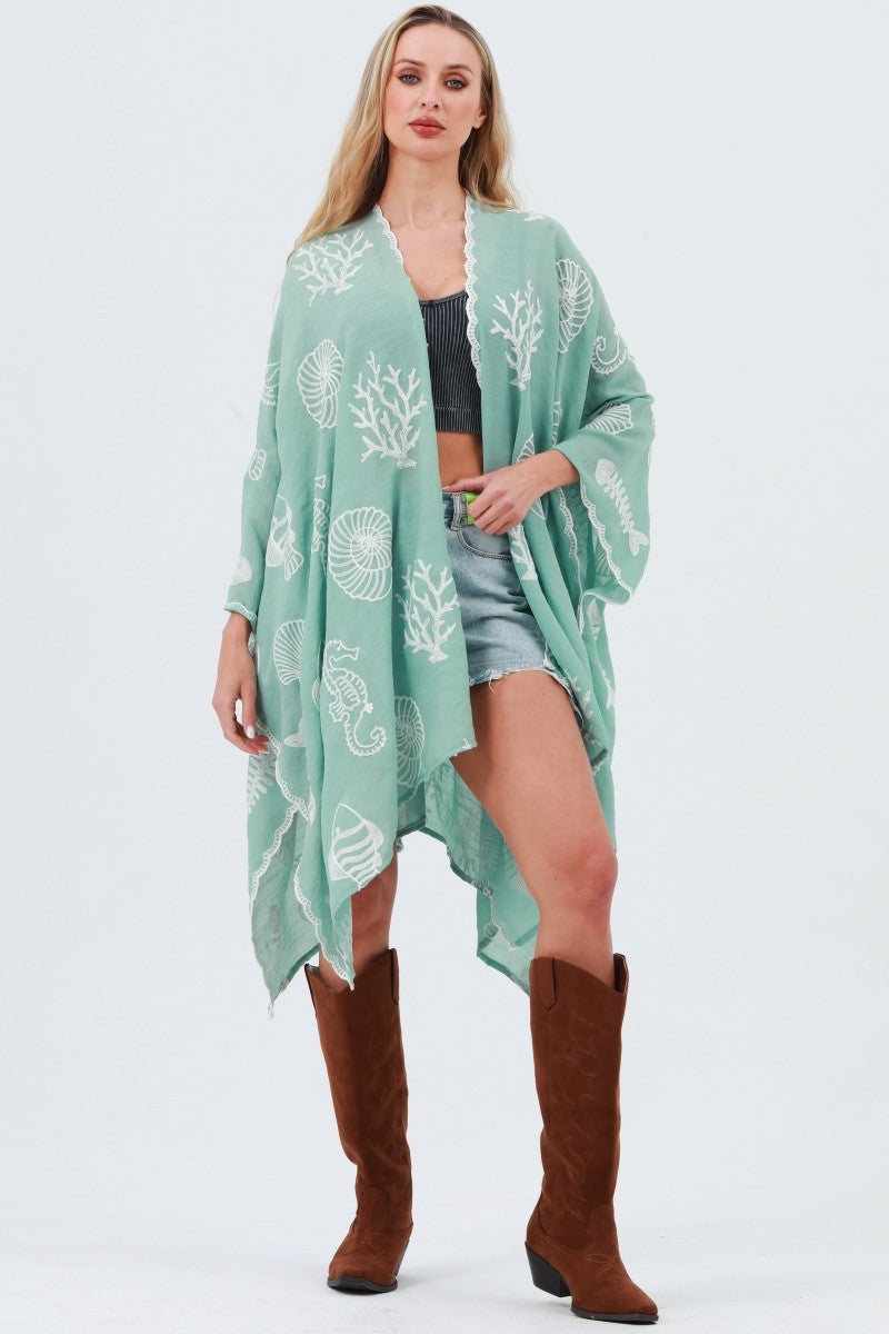 Seahorse Coral Embroidery Kimono