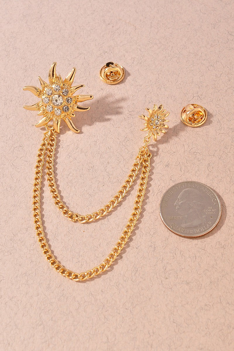 Rhinestone Sunburst Chain Brooch