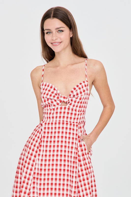 Summer Gingham Tie Back Cutout Midi Dress