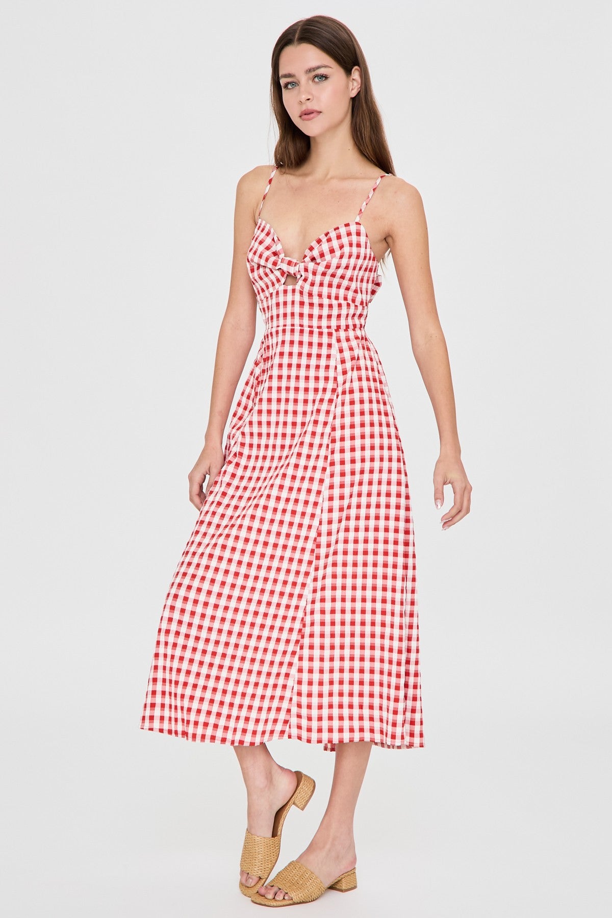 Summer Gingham Tie Back Cutout Midi Dress