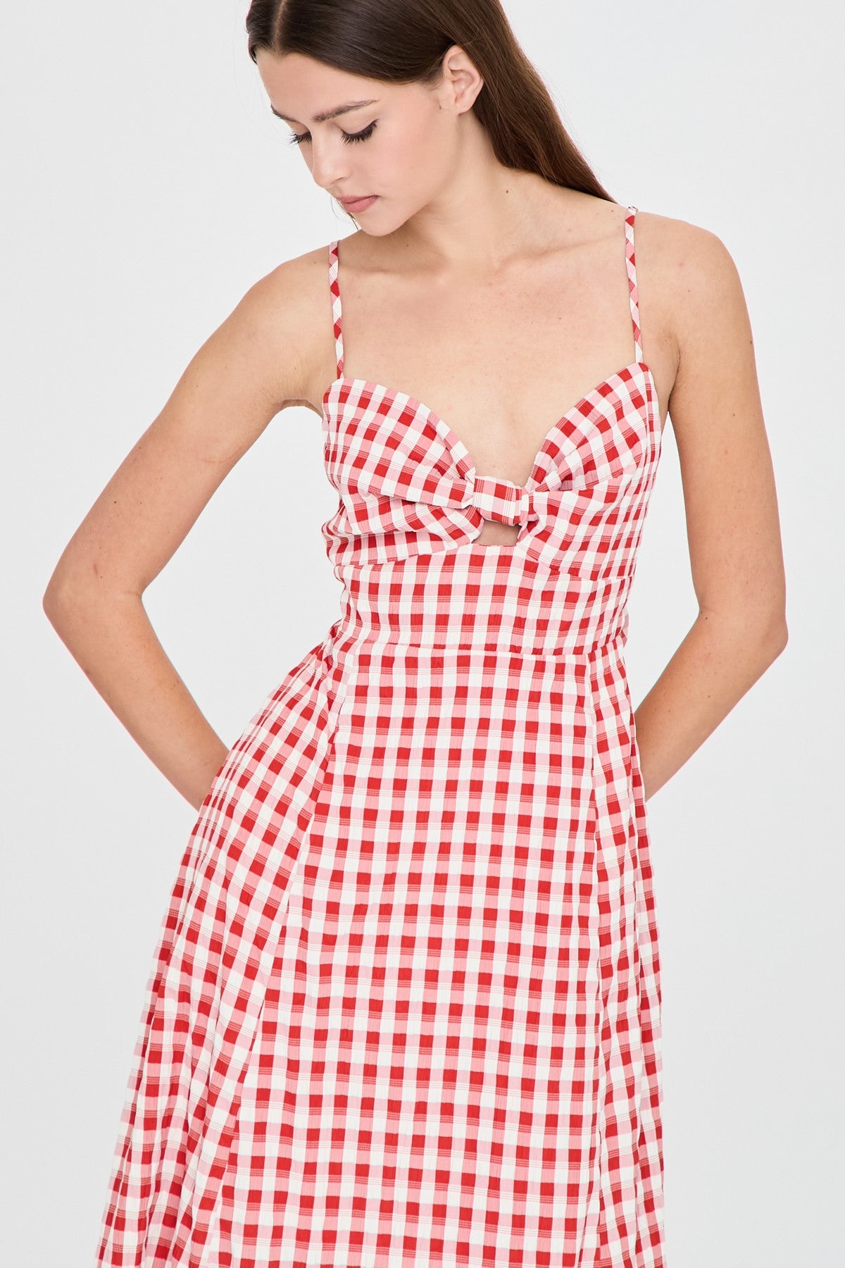 Summer Gingham Tie Back Cutout Midi Dress