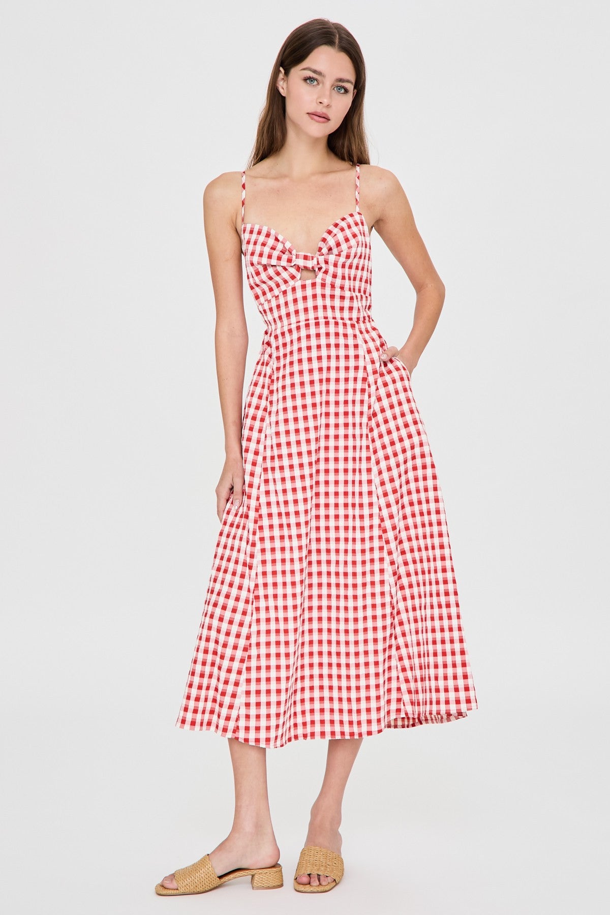 Summer Gingham Tie Back Cutout Midi Dress