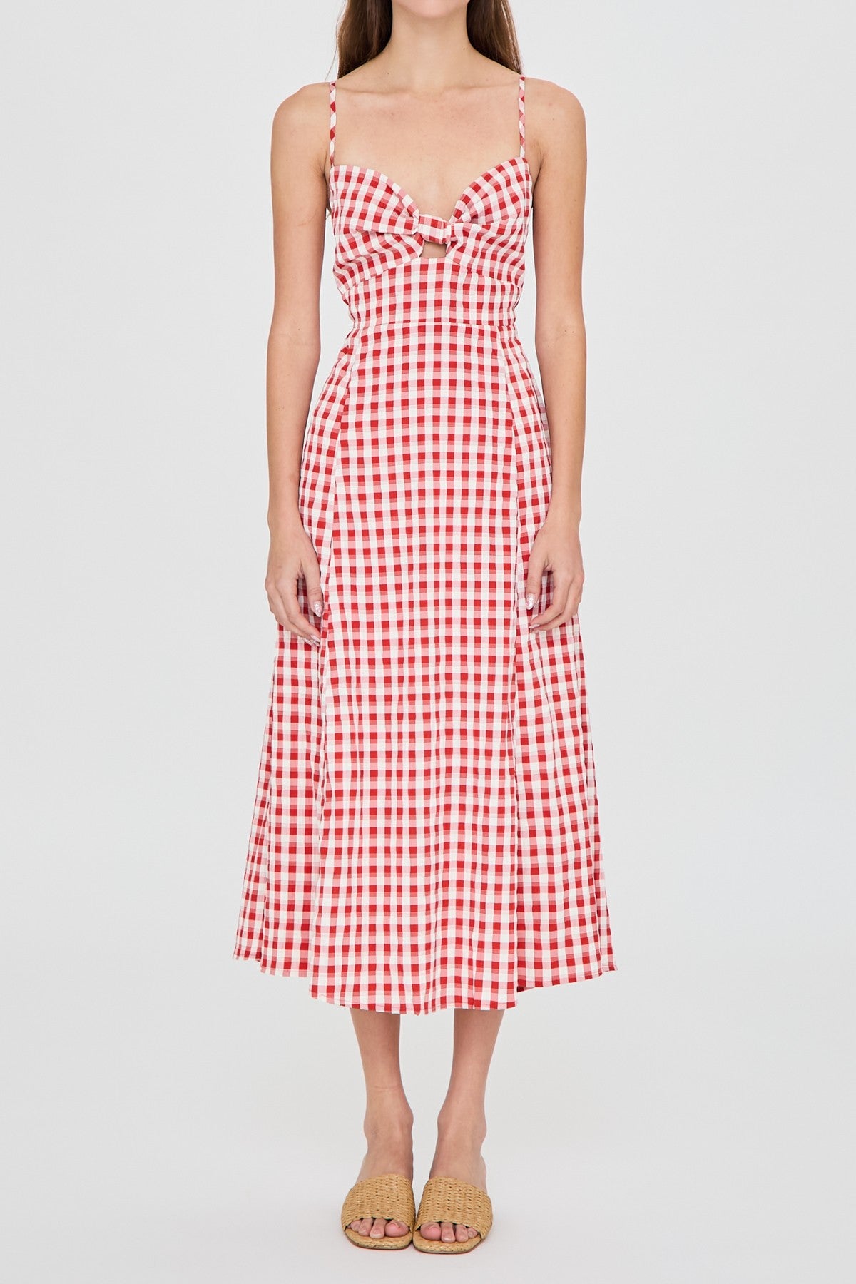 Summer Gingham Tie Back Cutout Midi Dress