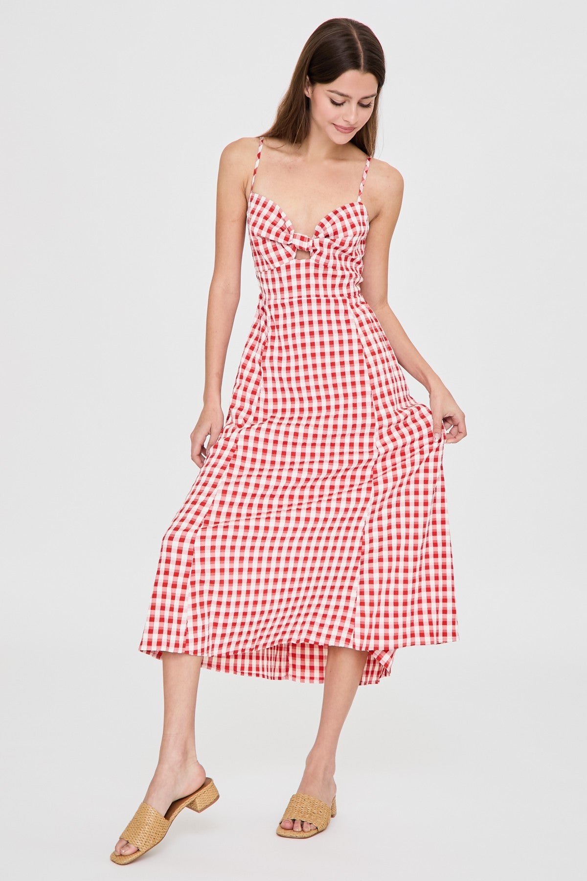 Summer Gingham Tie Back Cutout Midi Dress