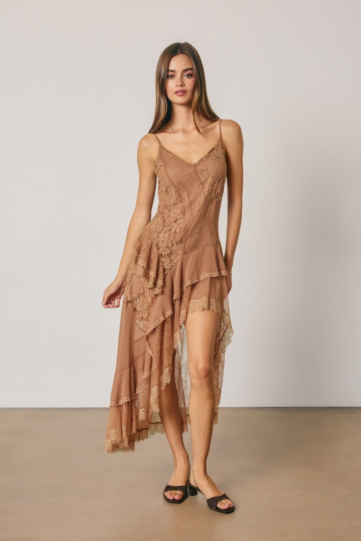 Boho Floral Lace Asymmetrical Tiered Midi Dress