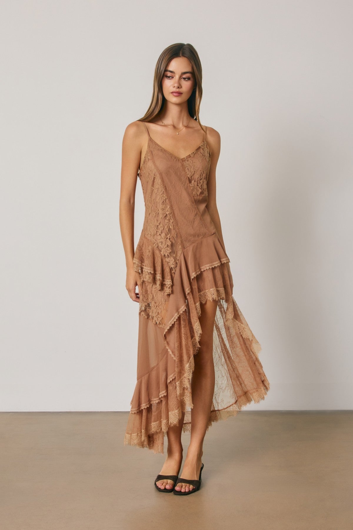 Boho Floral Lace Asymmetrical Tiered Midi Dress