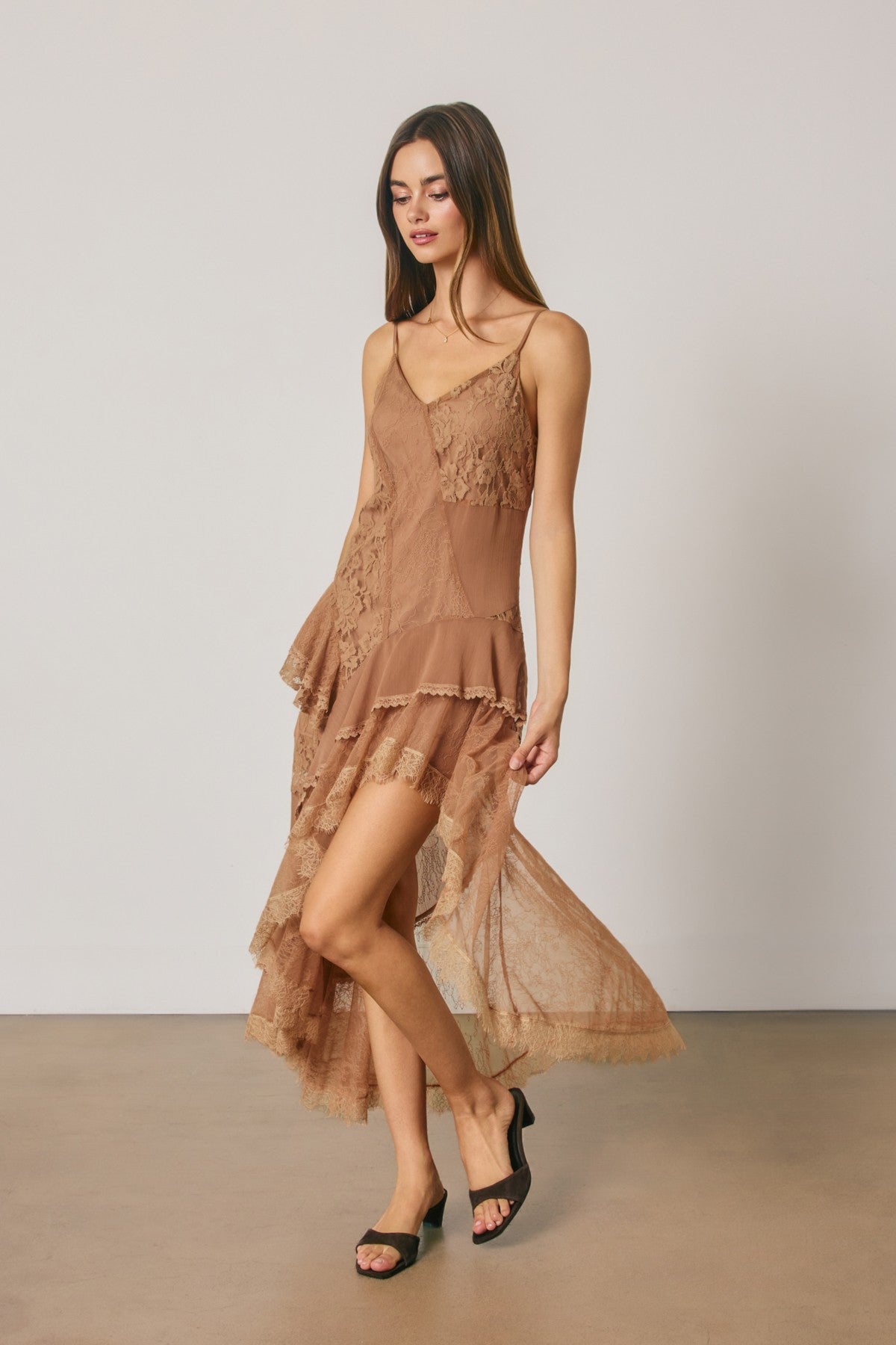 Boho Floral Lace Asymmetrical Tiered Midi Dress