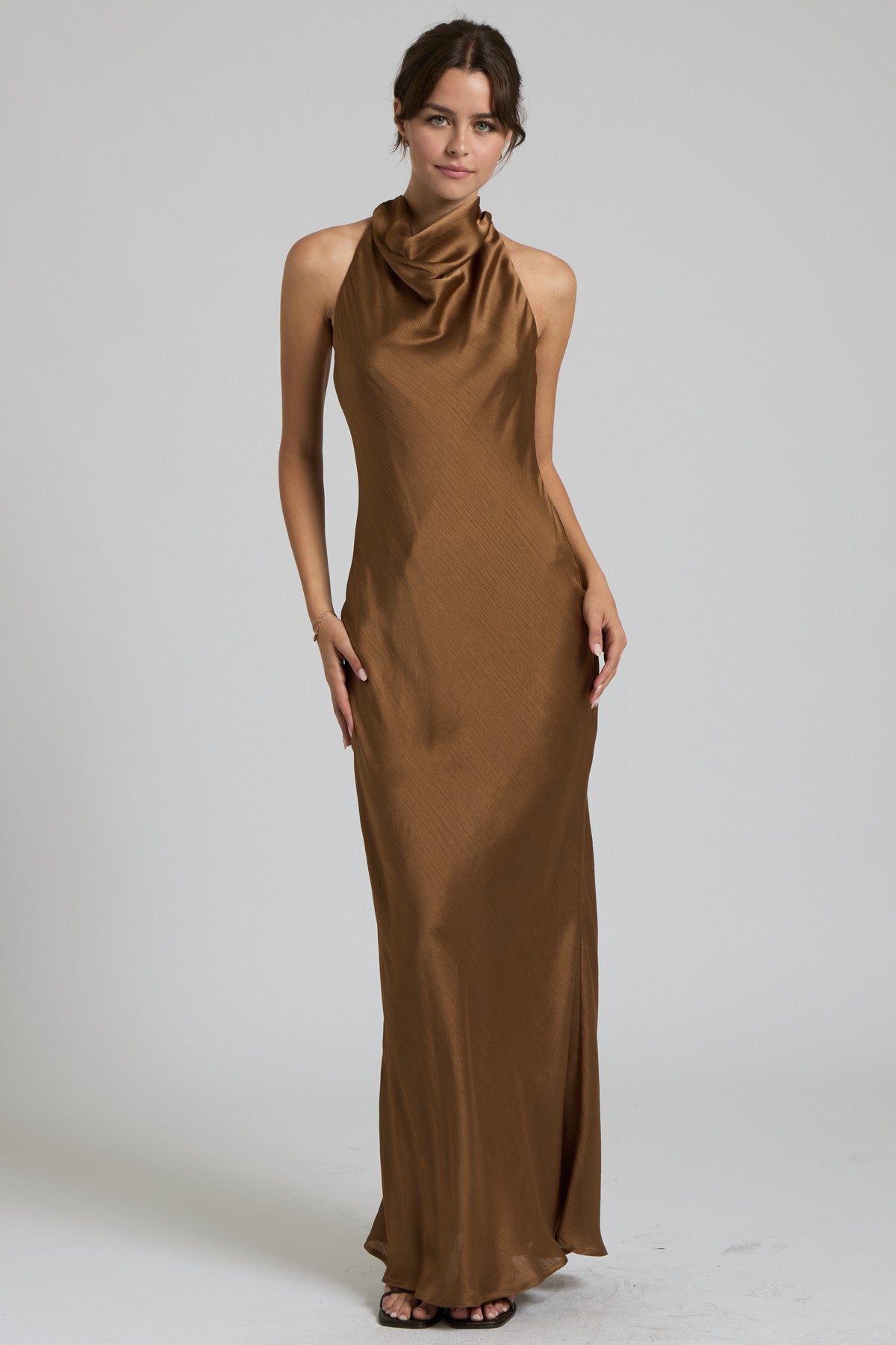 Penelope Satin Halter Cowl Neck Maxi Dress