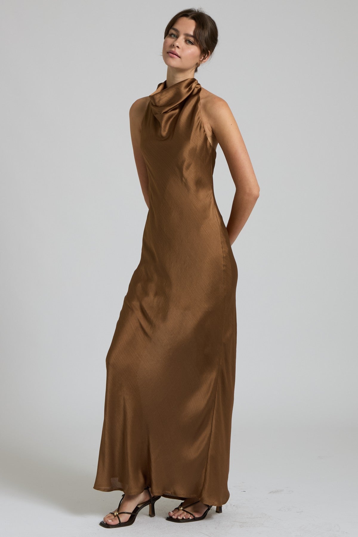 Penelope Satin Halter Cowl Neck Maxi Dress