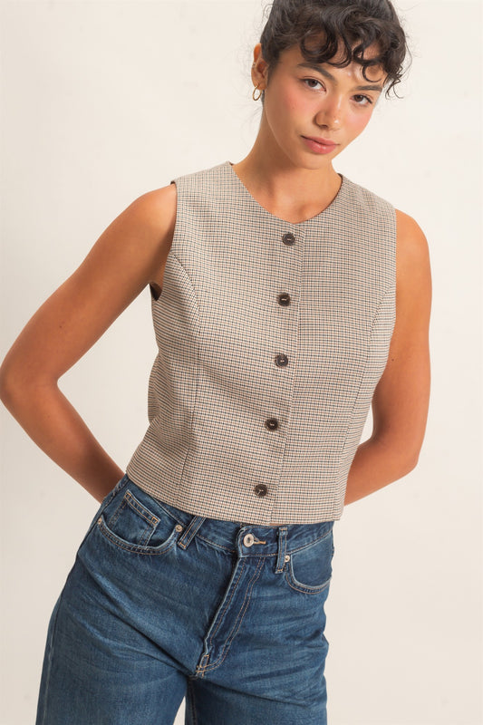 Check & Chic Buttoned Vest