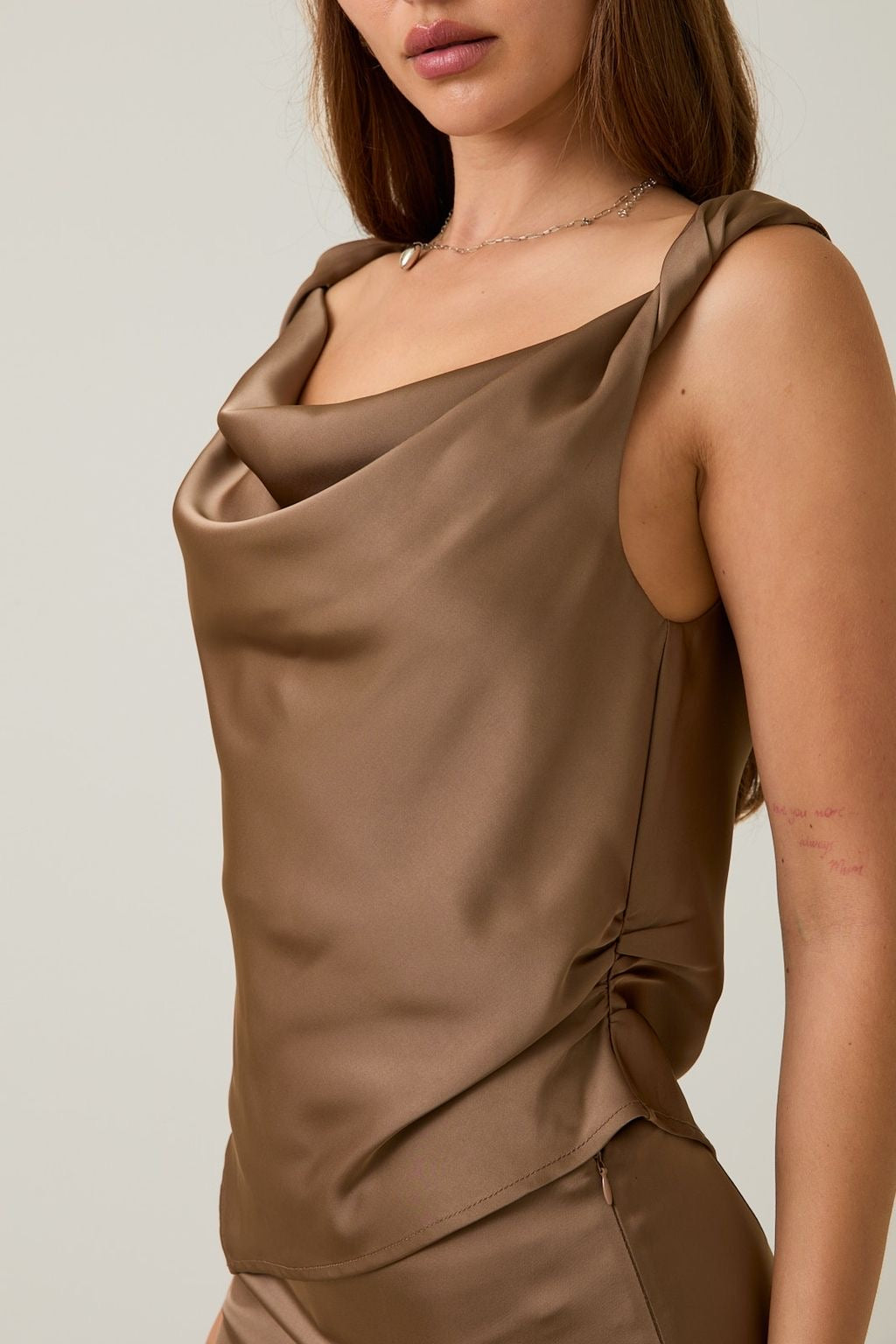 Twisted Shoulder Cowl Neck Asymmetrical Hem Top Brown