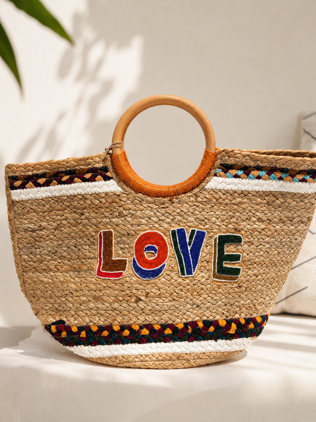 Love Wooden Handle Jute Handbag
