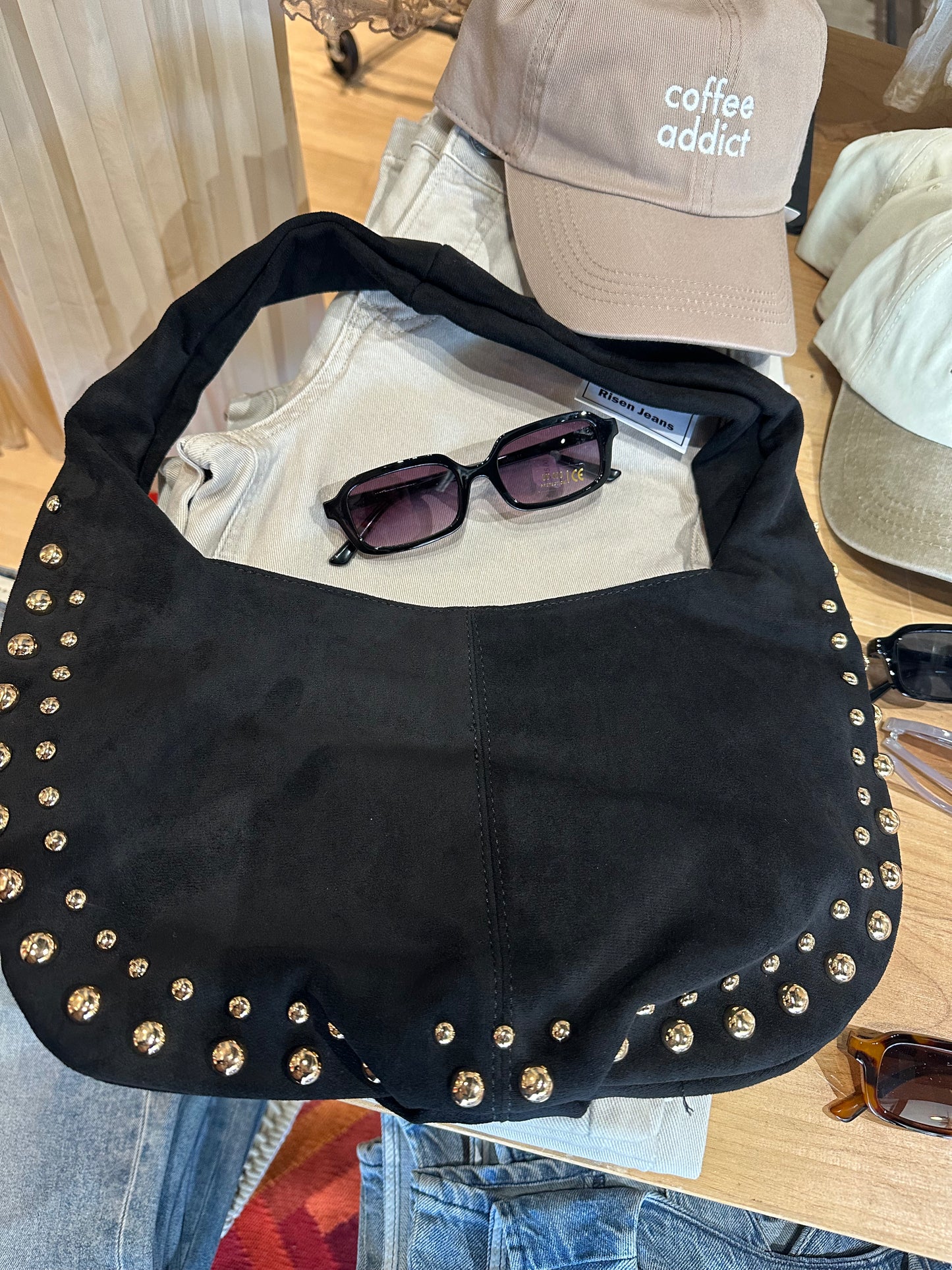 Metallic Studded Faux Suede Hand Bag