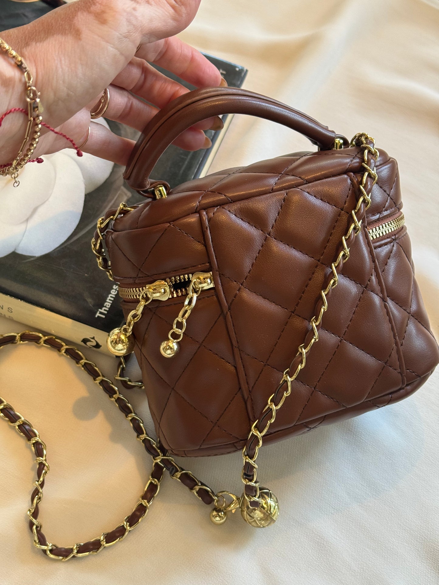Mocha Faux Leather Checkered Bag