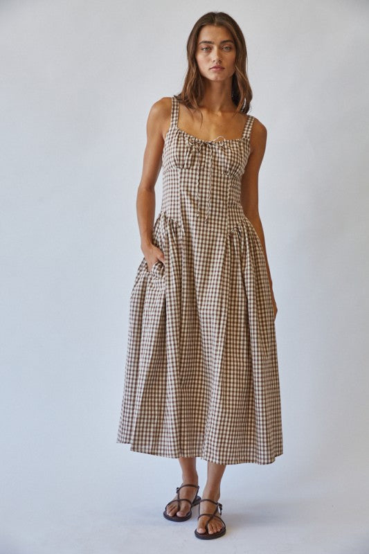 Brown Sugar Gingham Tie Front Midi Dress