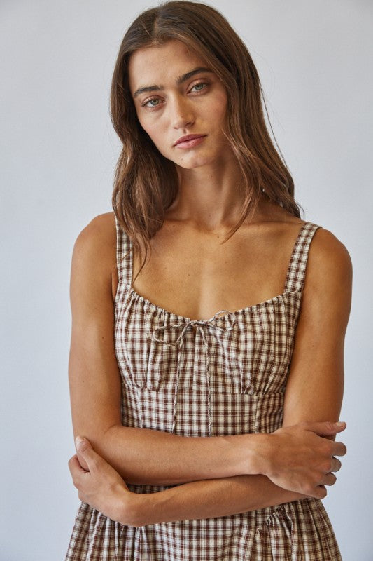 Brown Sugar Gingham Tie Front Midi Dress