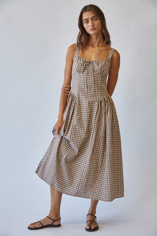 Brown Sugar Gingham Tie Front Midi Dress