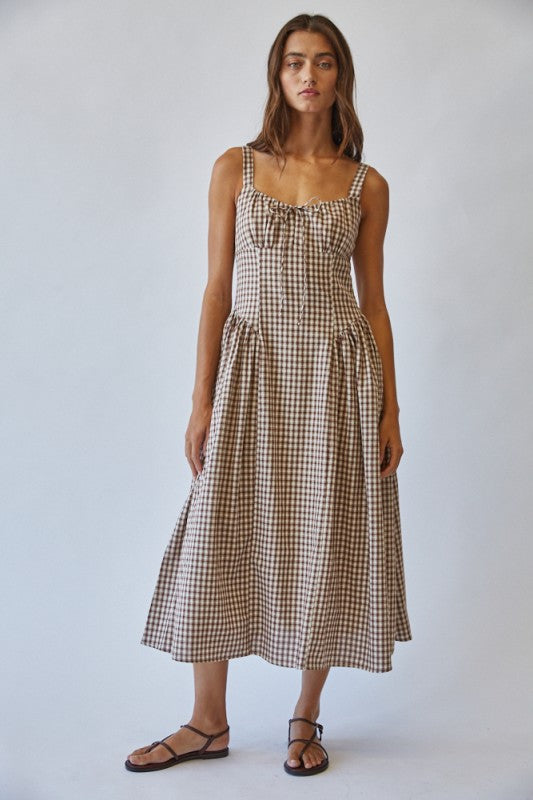 Brown Sugar Gingham Tie Front Midi Dress