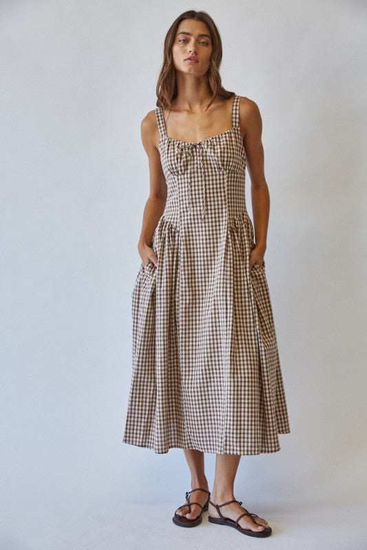 Brown Sugar Gingham Tie Front Midi Dress