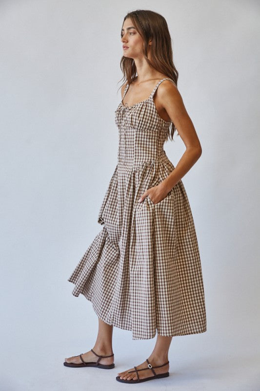 Brown Sugar Gingham Tie Front Midi Dress