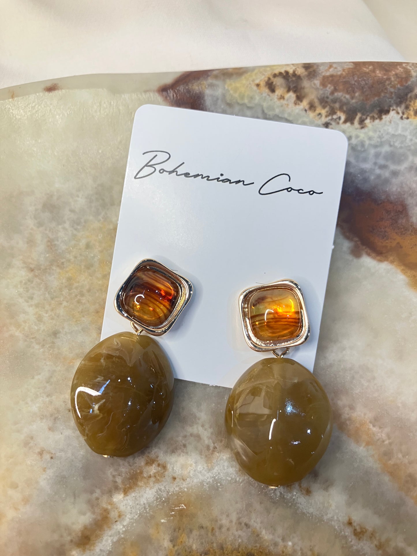 Large Tortoiseshell Stone Dangle Earrings