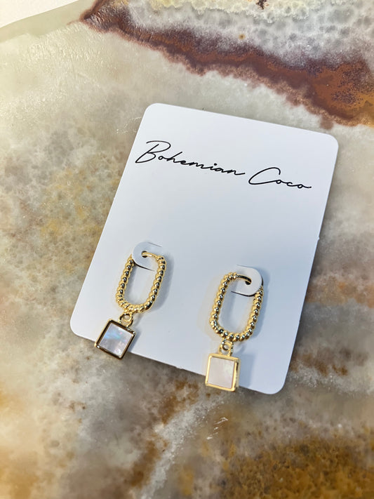 Mother Of Pearl Square Charm Oval Hoop Earrings