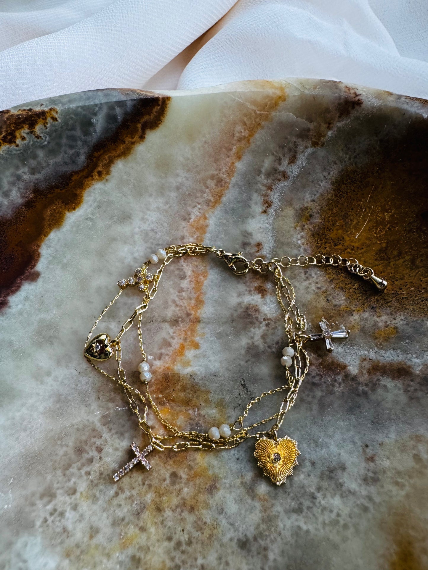 Gold Dipped Cross Heart Chain Bracelet