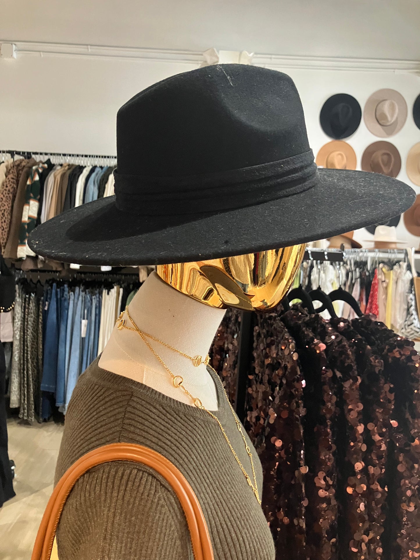 Black Wool Belted Wide Brim Hat