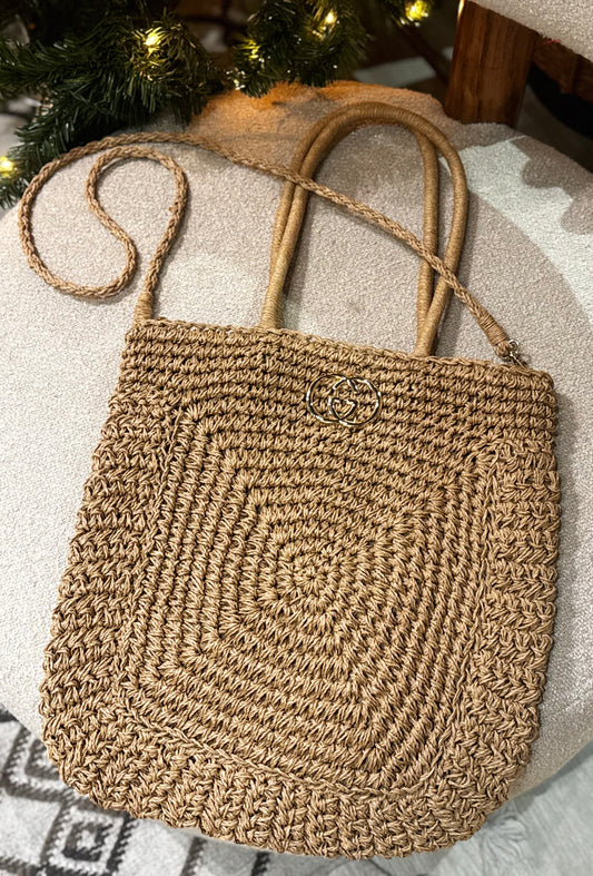 Straw Woven CC Logo Tote Bag