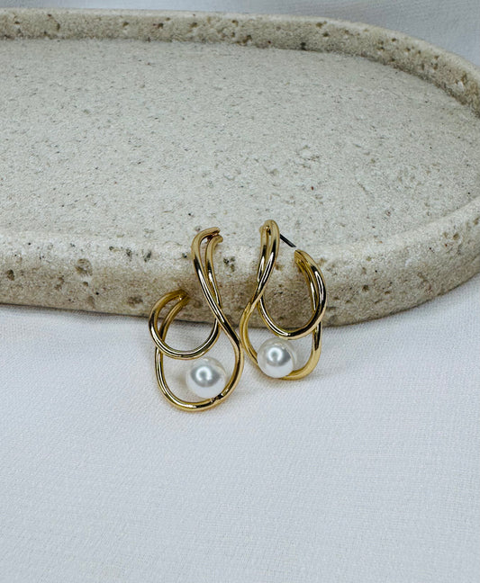 Pearl Stud Oval Wire Hoop Earrings