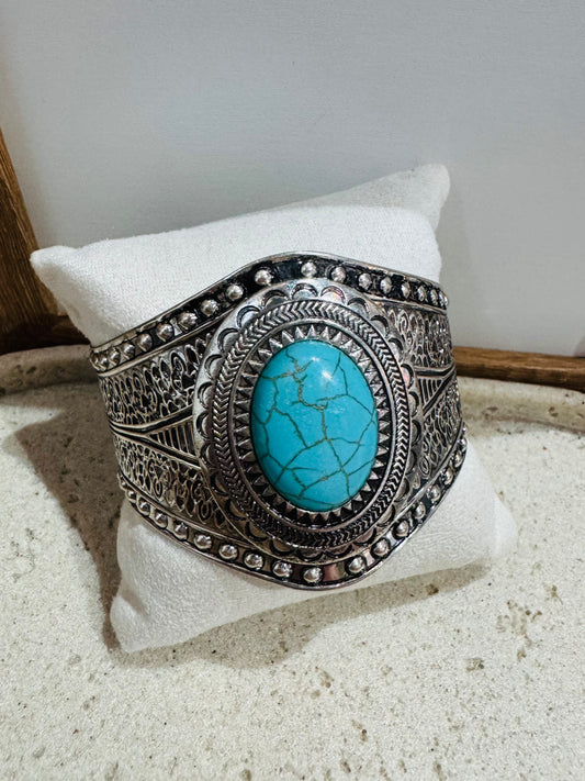 Vintage Silver Cuff Bracelet With Turquoise Stone