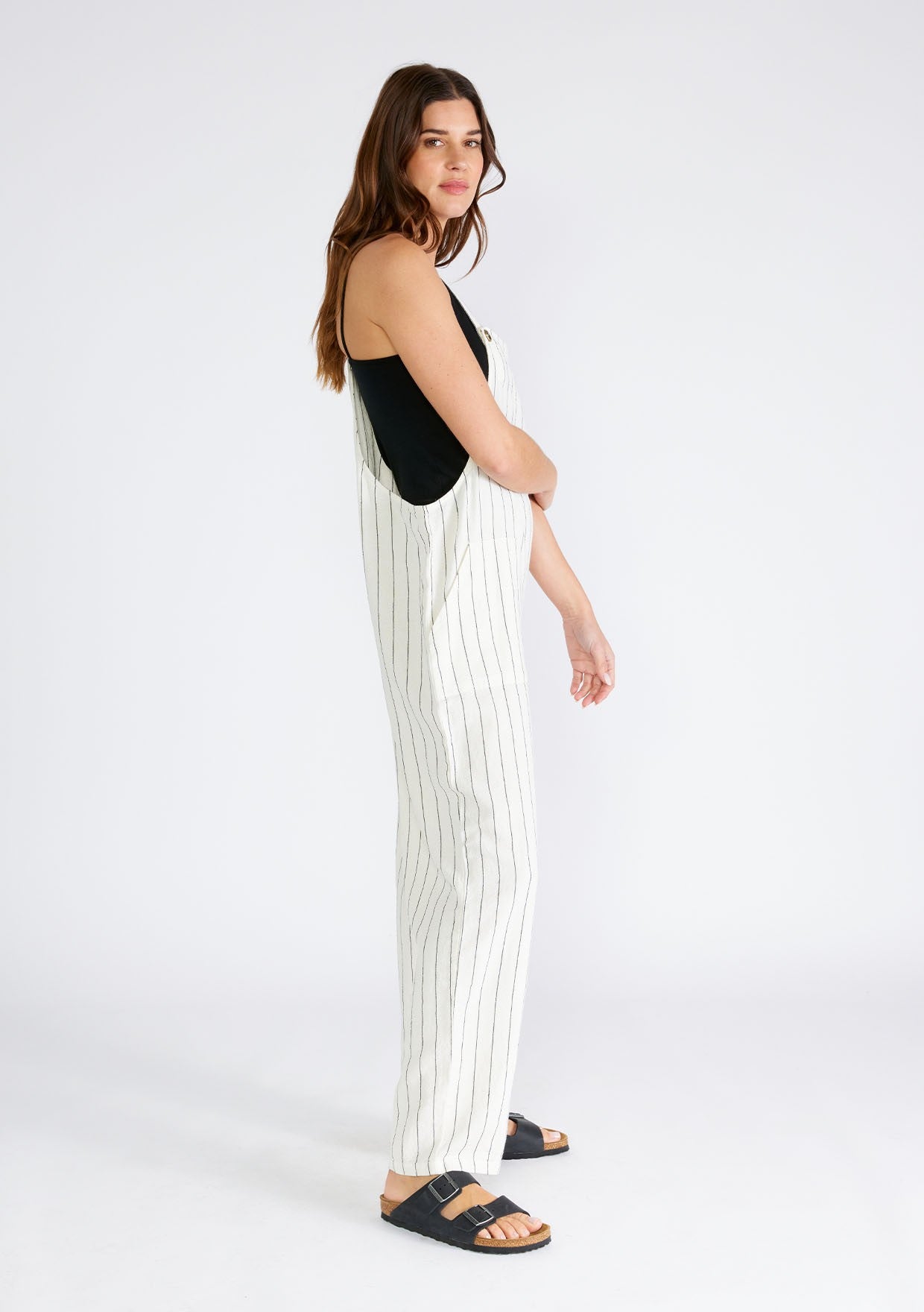 Yarn Dye Striped Button Strap Overall