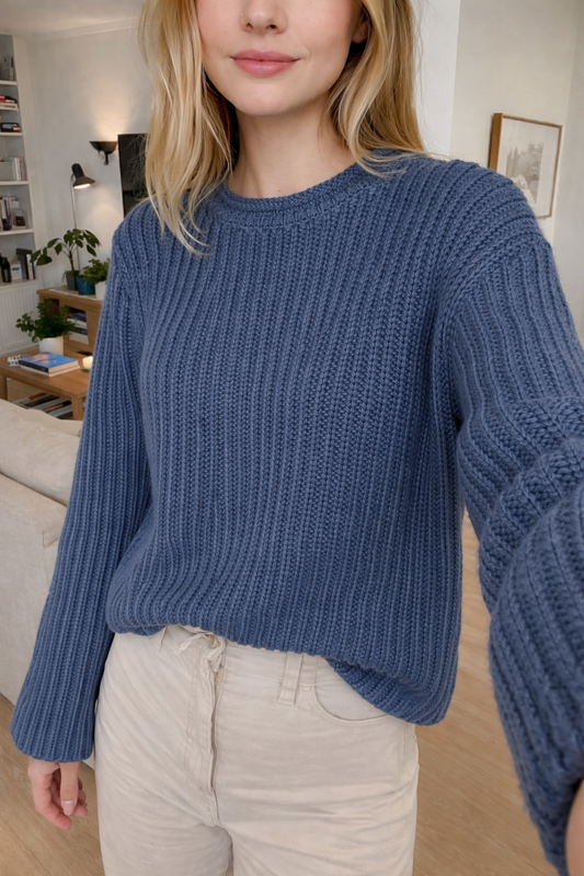 Dusty Blue Boat Neck Chunky Sweater