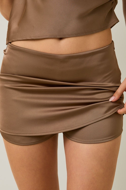 Low Waist Satin Micro Mini Skort Brown