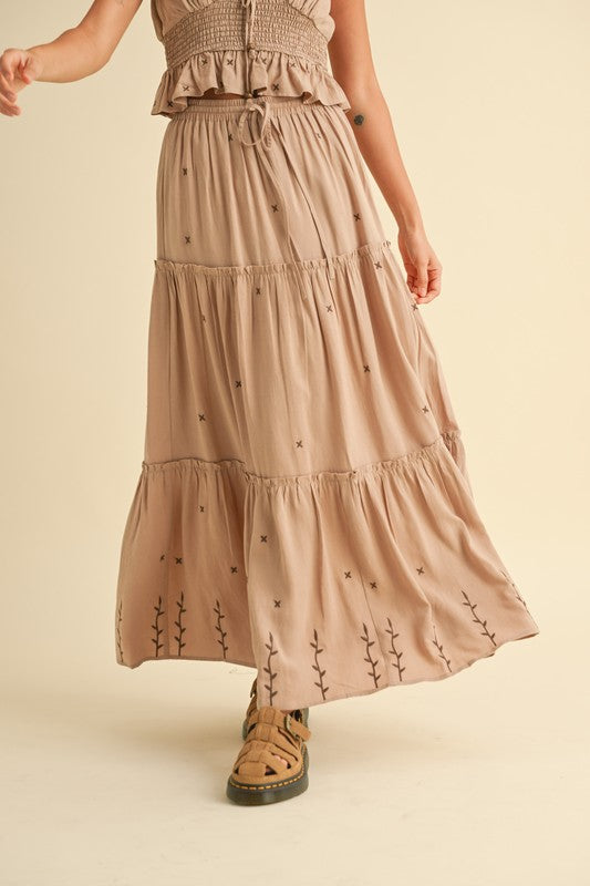 Embroidery Detail Tiered Skirt Mocha