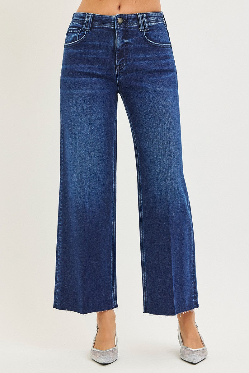 High Rise Ankle Wide Jeans With Crease Line Detail