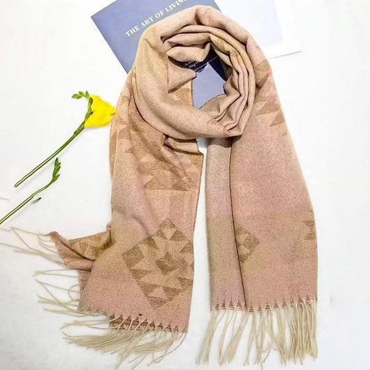 Aztec Pattern Fringe Edge Knit Scarf