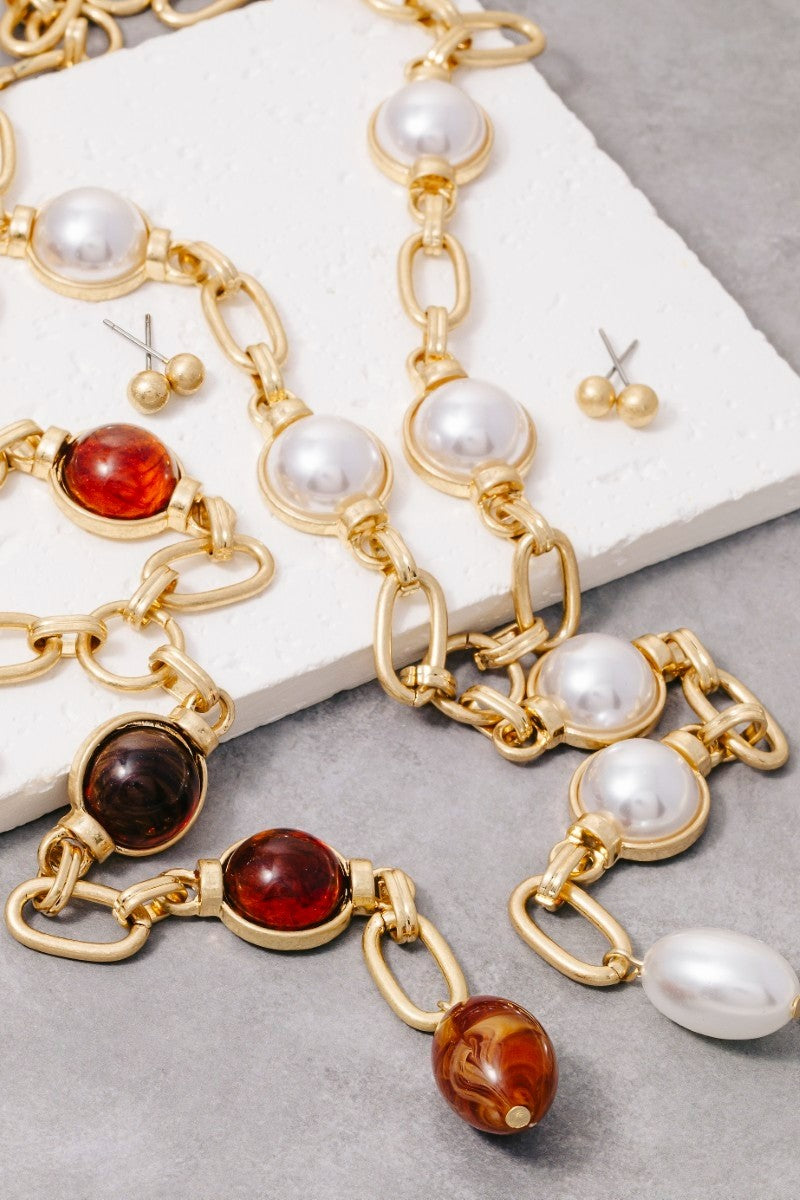 Pearl Link Dangle Necklace & Earrings Set
