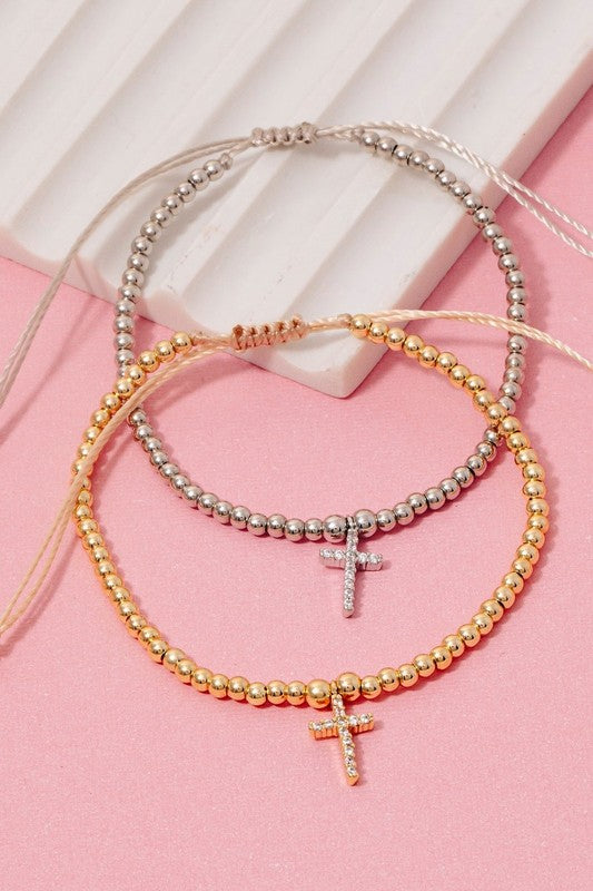 Cross Charm Beaded Cord Bracelet