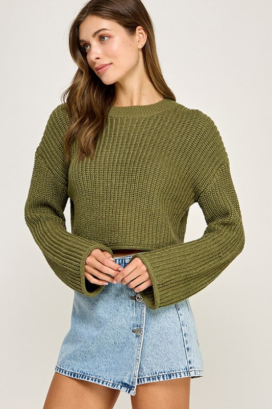 Olive Green Waffle Knit Cropped Sweater