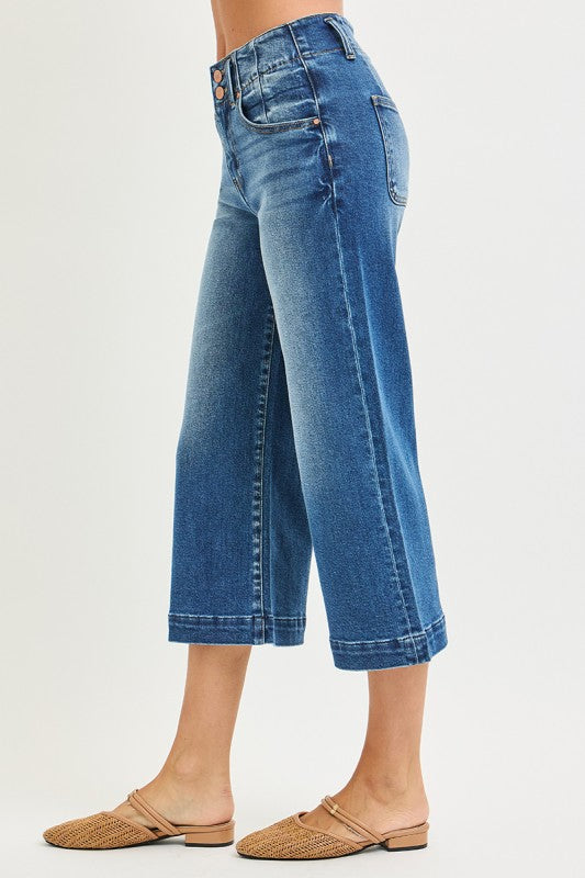 High Rise Crop Wide Double Button Detail Jeans