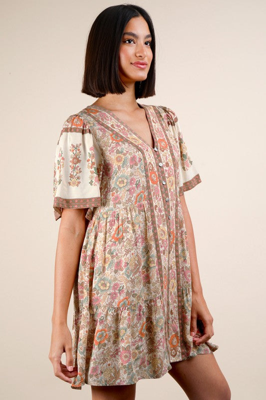 Floral Detail Printed Woven Mini Dress