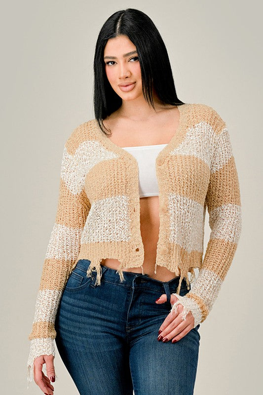 Frayed Cropped Striped Cardigan