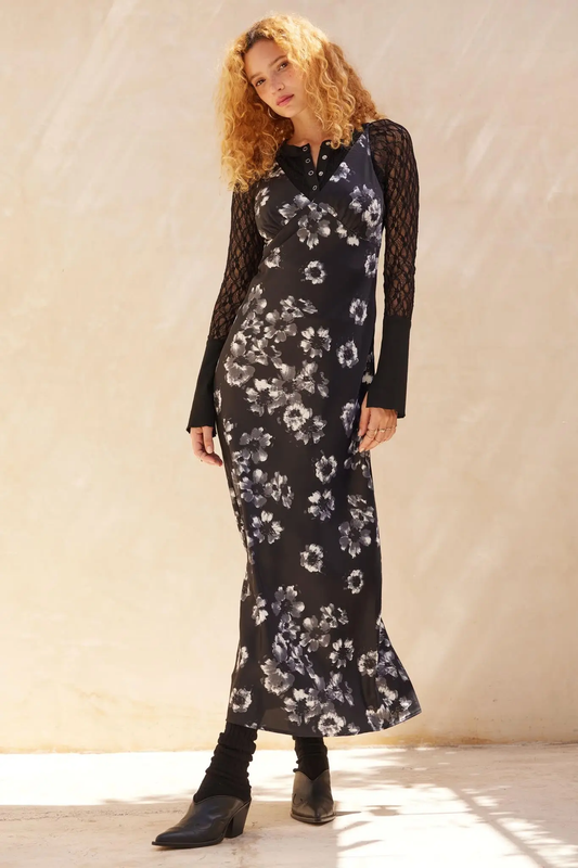 Silken Blossoms Floral Satin Maxi Dress