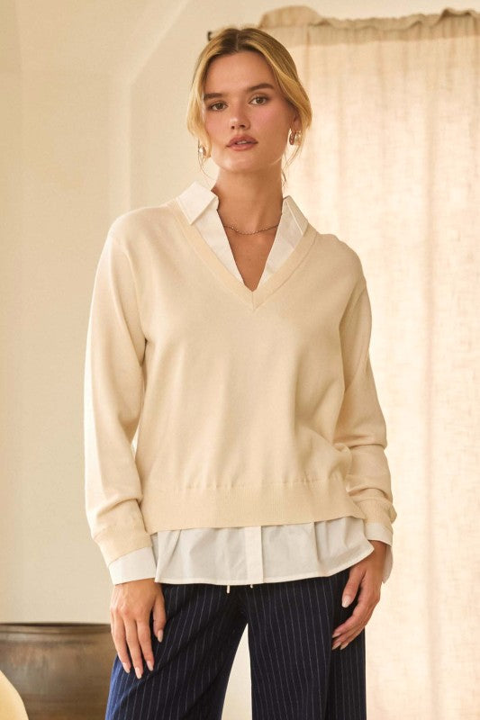 Layered Look V-neck Mixed Media Sweater