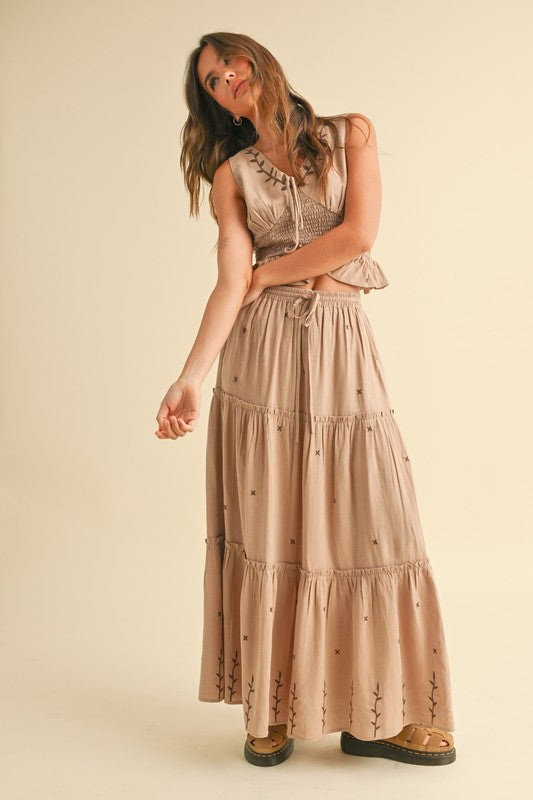 Embroidery Smocking Waist V-neck Top