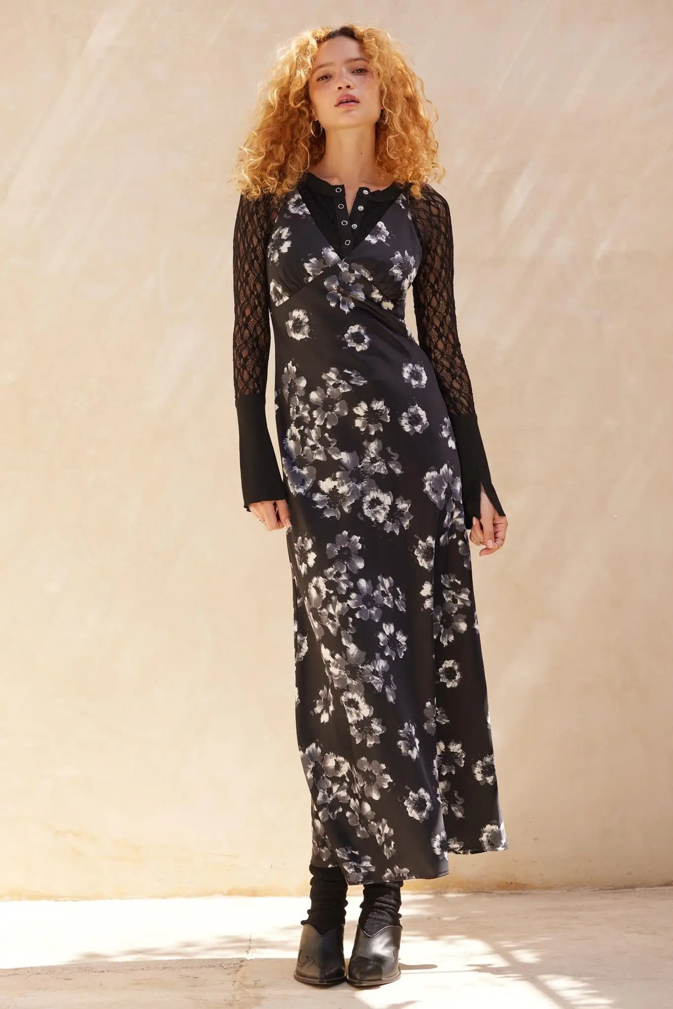 Silken Blossoms Floral Satin Maxi Dress