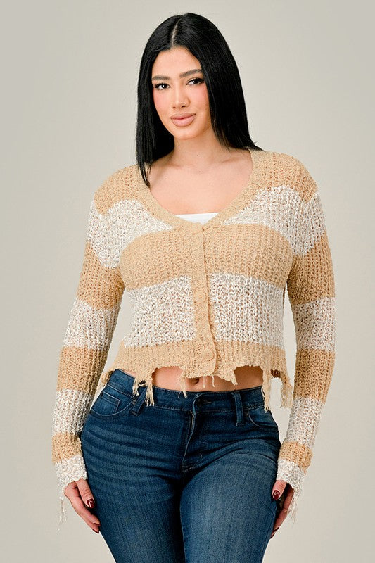 Frayed Cropped Striped Cardigan