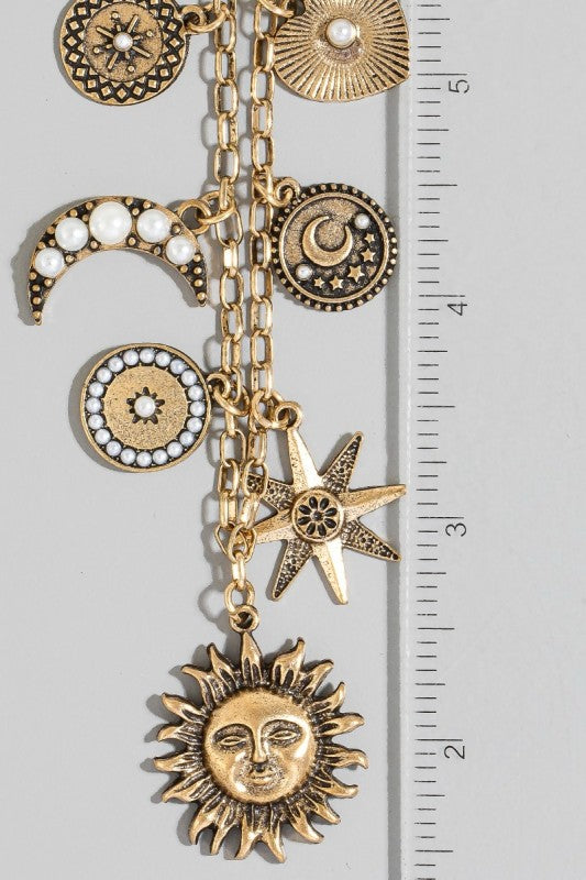 Studded Heart Moon Star And Coin Charms Statement Necklace