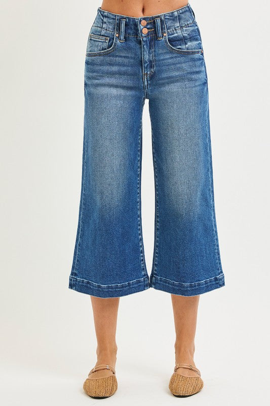 High Rise Crop Wide Double Button Detail Jeans